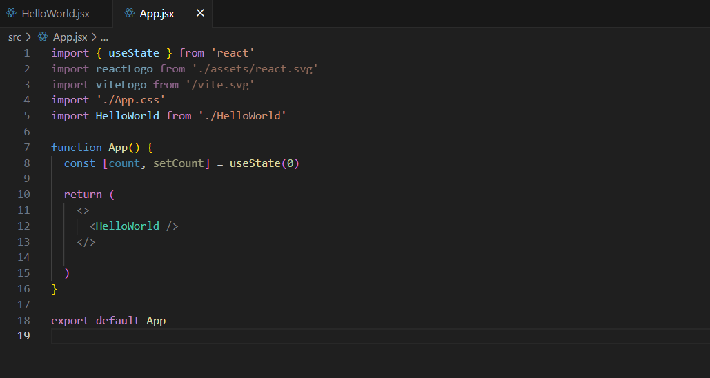 Screenshot of code editor for App.jsx file after importing HelloWorld.jsx file